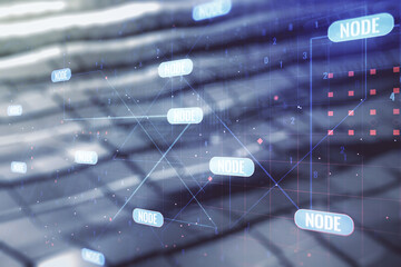 Poster - Double exposure of abstract programming language interface on blurry metal background, research and development concept
