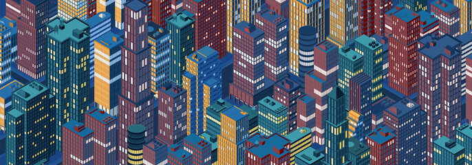 Isometric city centre, cityscape, city skyline. Vector illustration in flat design.