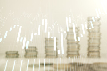 Double exposure of abstract creative financial chart hologram on growing stacks of coins background, research and strategy concept