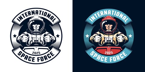 Wall Mural - astronaut retro badge with spaceship pilot. space academy vintage logo with spaceman. vector illustr
