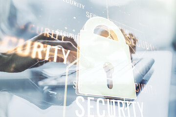 Aufkleber - Creative idea concept with lock symbol and microcircuit illustration and hands typing on laptop on background. Protection and firewall concept. Multiexposure