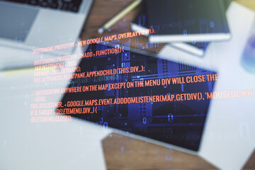 Poster - Multi exposure of abstract programming language hologram and modern digital tablet on background, artificial intelligence and machine learning concept