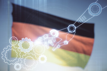 Poster - Abstract virtual robotics technology hologram on German flag and sunset sky background. Robot development and automation concept. Multiexposure