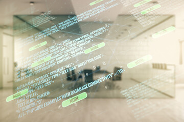 Poster - Abstract virtual coding concept on a modern furnished office background. Multiexposure