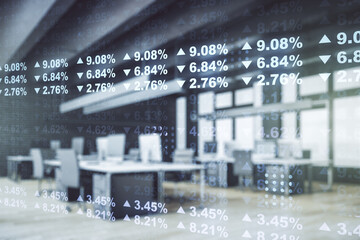 Aufkleber - Multi exposure of stats data illustration on a modern furnished office background, computing and analytics concept