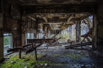 Overgrown ruins of industrial building. Abandoned, destroyed by war power plant in Tkvarcheli Tquarhcal, Abkhazia, Georgia