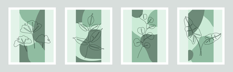 Poster - Botanical wall art vector set. Foliage Continuous one line drawing with abstract shape. Minimalist and natural green wall art with Abstract Plant of Eucalyptus, Ginkgo and palm branch. Illustration
