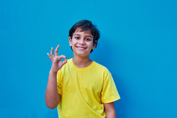 Portrait of boy in yellow t-shirt making ok gesture with hand, on blue background. Copy space