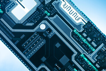 Printed circuit Board close-up. High-tech electronic printed circuit Board (PCB). Radio-electronic concept.