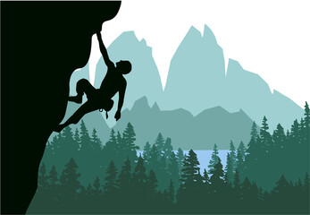 Man climbing rock overhang. Mountains and forest in the background. Silhouette of climber with green background. Illustration.