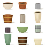 Fototapeta Sypialnia - Collection of flower pots. Terracotta, ceramic and wooden planters of various shapes and colors. Interior design. Indoor or garden decoration. Vector illustration.