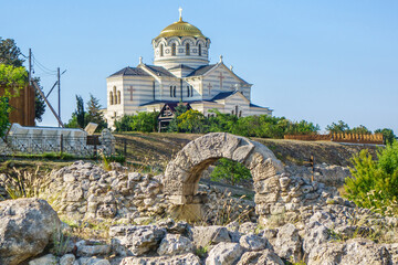 Wall Mural - Ruins of antique city Chersonesus, Sevastopol, Crimea. Saint Vladimir Cathedral is on background