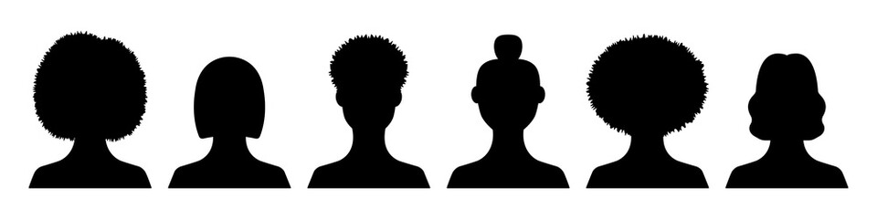 Wall Mural - Black female avatars silhouettes set. Contour ink portraits girls with fashionable hairstyles various nationalities for social networks and personal vector accounts.