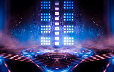 Fototapete - Dark abstract futuristic background. Neon lines glow. Neon lines, shapes. Multi-colored glow, blurry lights. Empty stage background. Dark blue background, rays. 