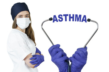 The doctor is holding a stethoscope, in the middle there is a text - ASTHMA