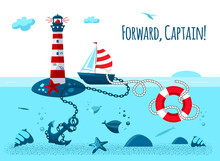 In The Sea, An Island With A Lighthouse. Nearby, A Yacht Is Anchored And A Lifebuoy Is Thrown. The Bottom Of The Sea With Shells And Fish. Vector Illustration. In A Bright Cartoon Style.
