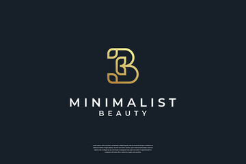 Minimalist golden initial B and leaf logo design with line art style