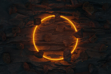 Fototapete - 3d rendering of glow circle shape against black rock volcanic wall
