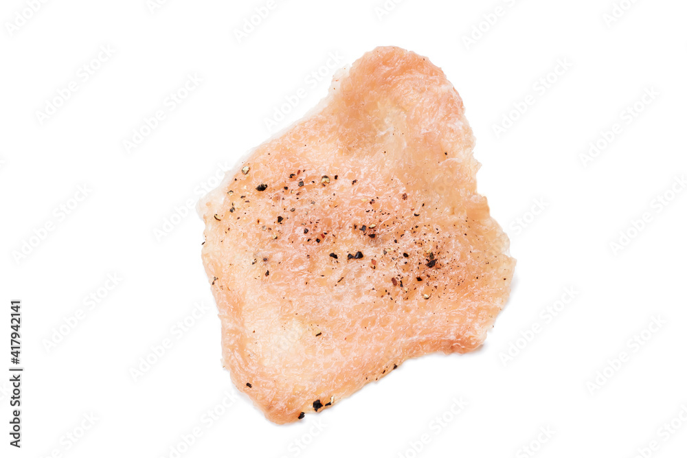 raw chopped pork meat with spice isolated on white background. above view. fresh meat slice cut out