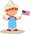 Small child in a traditional paper hat waves an American flag and makes a V-for-victory sign
