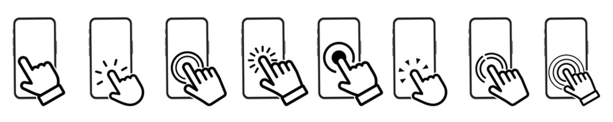 Leinwandbilder - Set of smartphone Touch screen icons. Hand on touch screen smartphone. Click on the smartphone. Smartphone screen with hand touching. Cell Phone with click cursor.