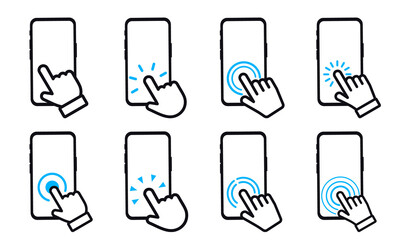 Leinwandbilder - Set of smartphone Touch screen icons. Hand on touch screen smartphone. Click on the smartphone. Smartphone screen with hand touching. Cell Phone with click cursor.
