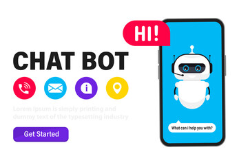 Fototapete - Chatbot in a smartphone screen, web banner. Chat bot in phone. Artificial intelligence. Help service chatting with chatbot application. Neuronet or ai technology, customer service, virtual assistant
