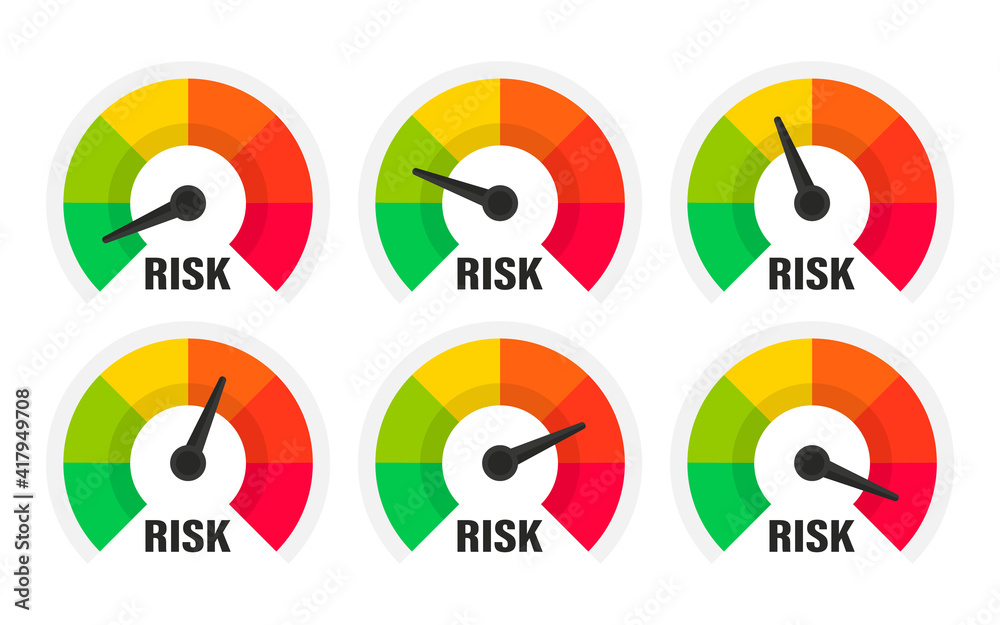 Risk meter. Risk concept on speedometer, vector illustration. Scale low ...