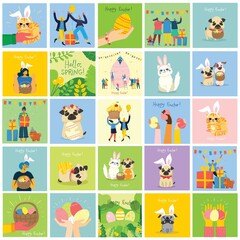 Wall Mural - Vector Easter cards with animals holding the eggs and hand drawn text - Happy Easter