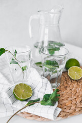 Poster - Detox water with lime fruit and mint leaves in jar and glasses