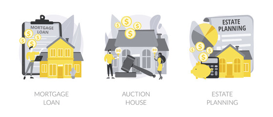 Sticker - Residential and commercial property abstract concept vector illustration set. Real estate services, mortgage loan, auction house, estate planning, down payment, attorney advise abstract metaphor.