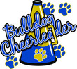 bulldog cheerleader team design with megaphone and paw prints for school, college or league