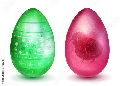 Two realistic Easter eggs with different surface texture, patterns and holiday symbols in red and green colors. With shadows on white background © Olga Moonlight