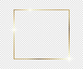 Gold shiny glowing frame with shadows isolated on transparent background. Golden luxury vintage realistic rectangle border. illustration - Vector