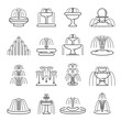 Fountain types thin line icons set isolated on white. Architecture pouring water pictograms.