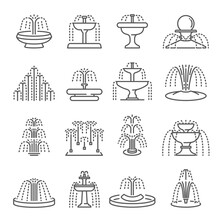 Fountain Types Thin Line Icons Set Isolated On White. Architecture Pouring Water Pictograms.