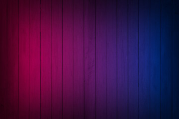 Neon light on wood wall texture background. Lighting effect red and blue neon backgrounds.