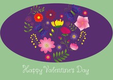 Happy Valentine's Day Text With Floral Composition On Purple Oval Over Green Background