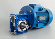 blue motor gearbox subject on light gray background, side view