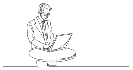 Poster - continuous line drawing of standing call center worker with laptop computer wearing face mask