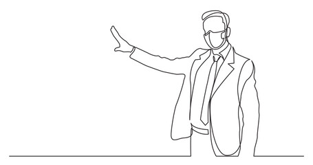 Poster - continuous line drawing of standing businessman showing with his hand wearing face mask