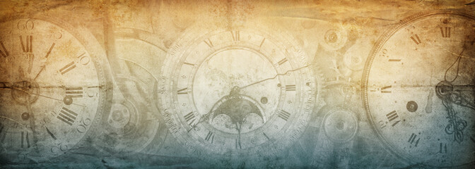 The dials of the old antique classic clocks on a vintage wide paper background. Concept of time, history, science, memory, information. Retro style. Vintage clockwork background.