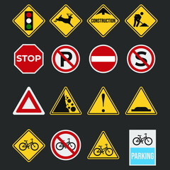 Set of warning traffic signs vector template. Isolated an object.  Mountain and hill road caution symbols. Eps 10