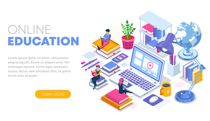 Wall Mural - Modern flat design isometric concept of Online Education. Landing page template. Training courses, specialization, tutorials, lectures. Can use for web banner, infographics, and website. Vector illust