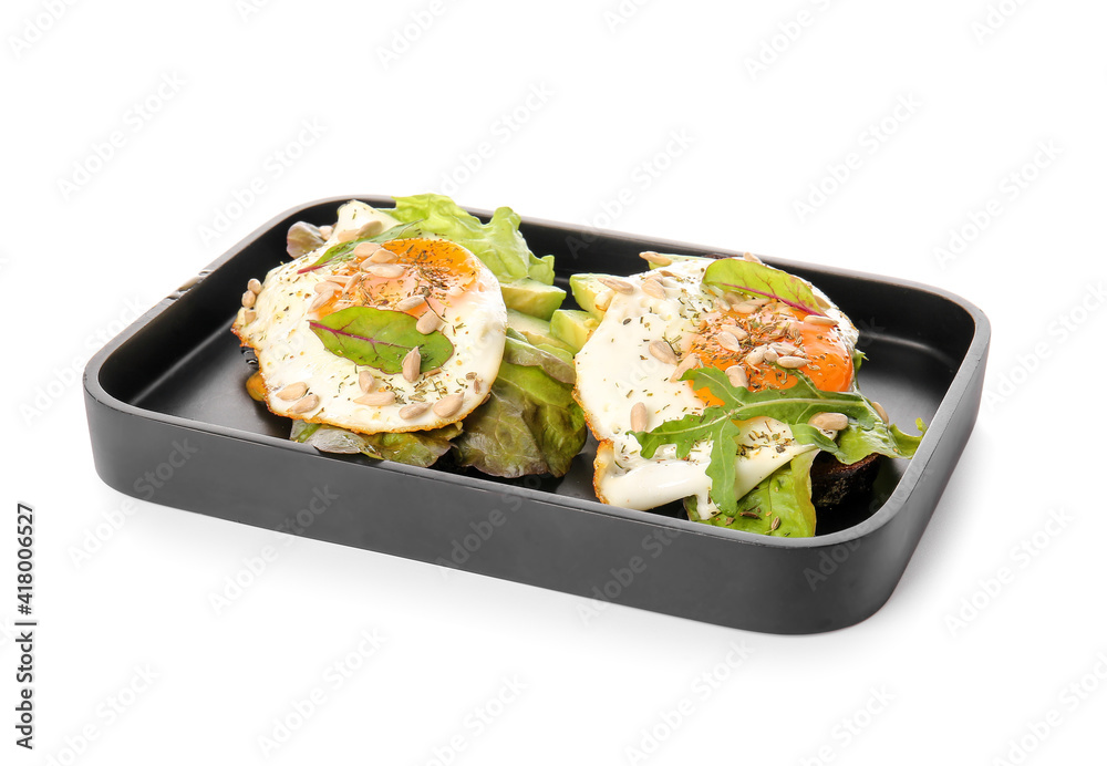 Food tray with fresh tasty bruschettas on white background