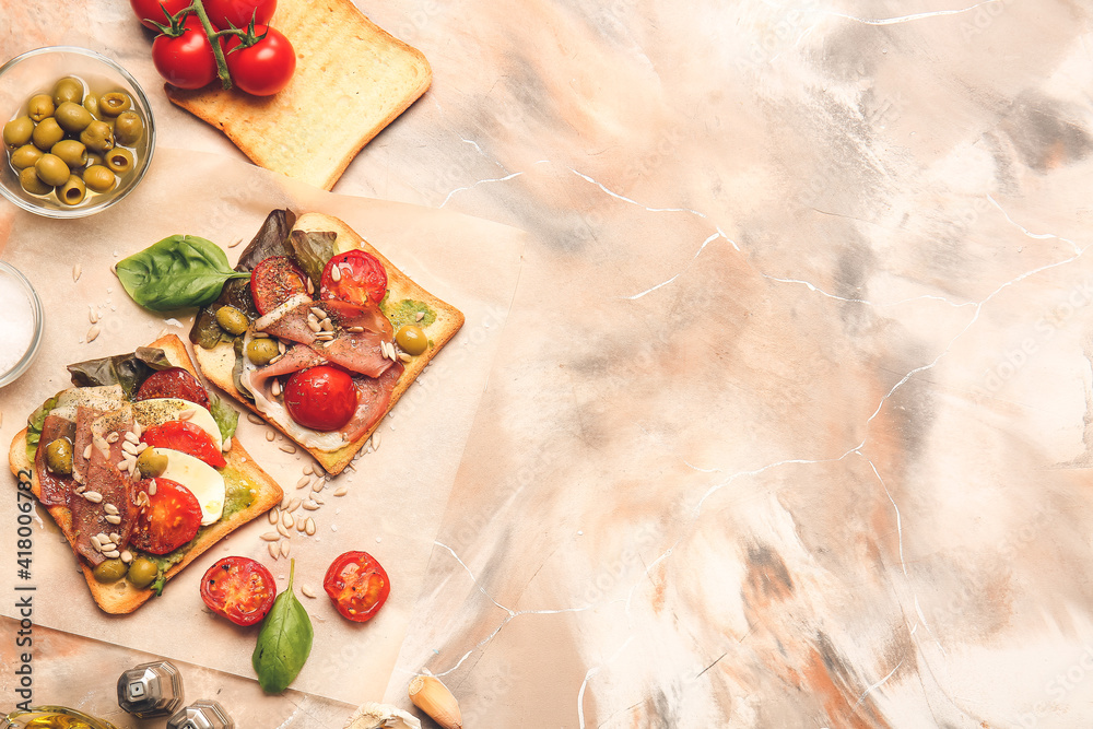 Fresh tasty bruschettas on grunge background