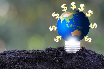 Poster - energy saving light bulb and business or finance money concept