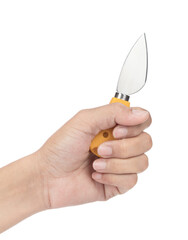 Sticker - Hand holding Cute Cheese Shaped Handle Stainless Steel Cheese Knife isolated on a white background