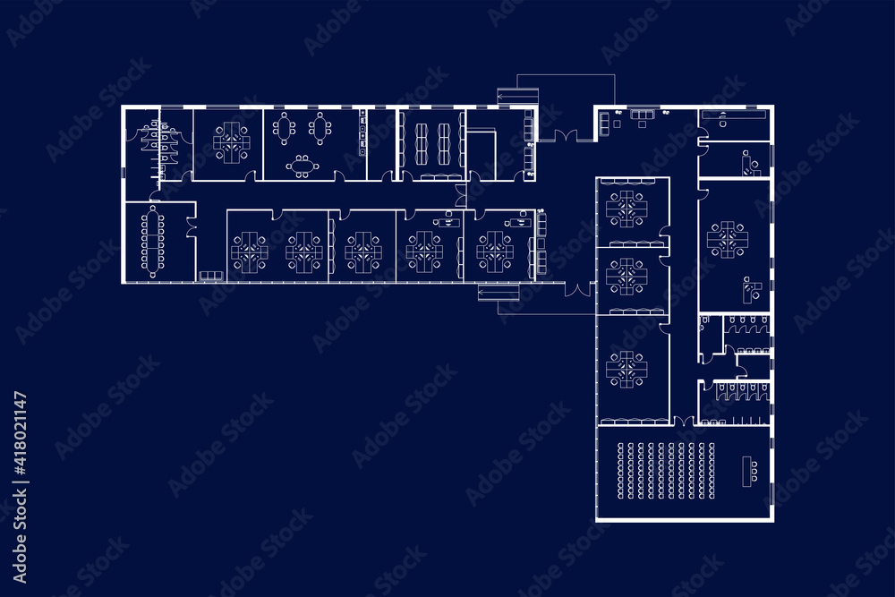 Modern office interior with furniture. Vector blueprint. Architectural ...