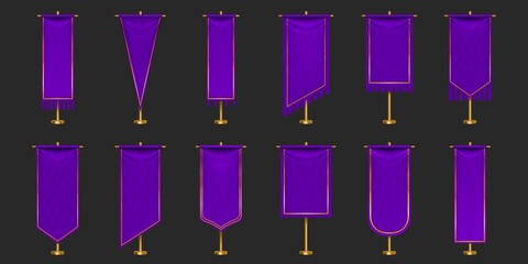 Pennant flags of purple and gold colors mockup, blank vertical banners with different edge shapes hanging on flagpole. Isolated medieval heraldic empty ensigns. Realistic 3d vector illustration set